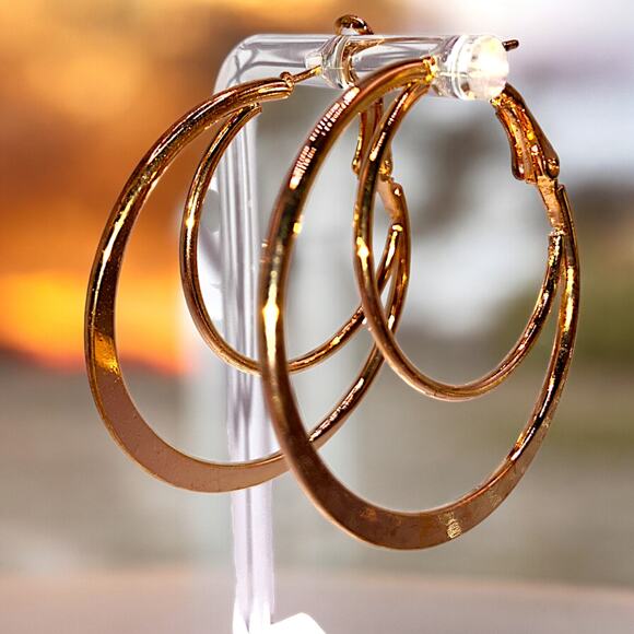 Gold-Tone Shiny Double Large Hoop Hinged 1 5/8" Earrings! - Picture 1 of 9